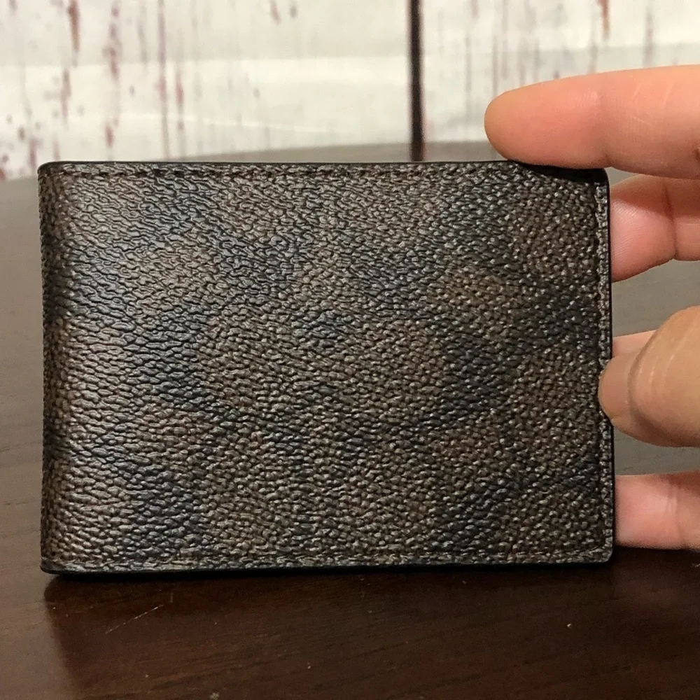 Coach compact Bifold Men's Brown Leather & coated Wallet nwt